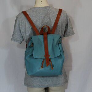 Author Leather  Aqua Blue brown trim snap closure backpack  13" x 12" x 6"